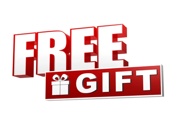 Free gift with present box symbol in red white banner - letters — Stock Photo, Image