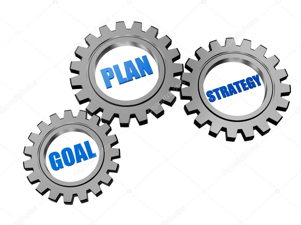 goal, plan and strategy in silver grey gears