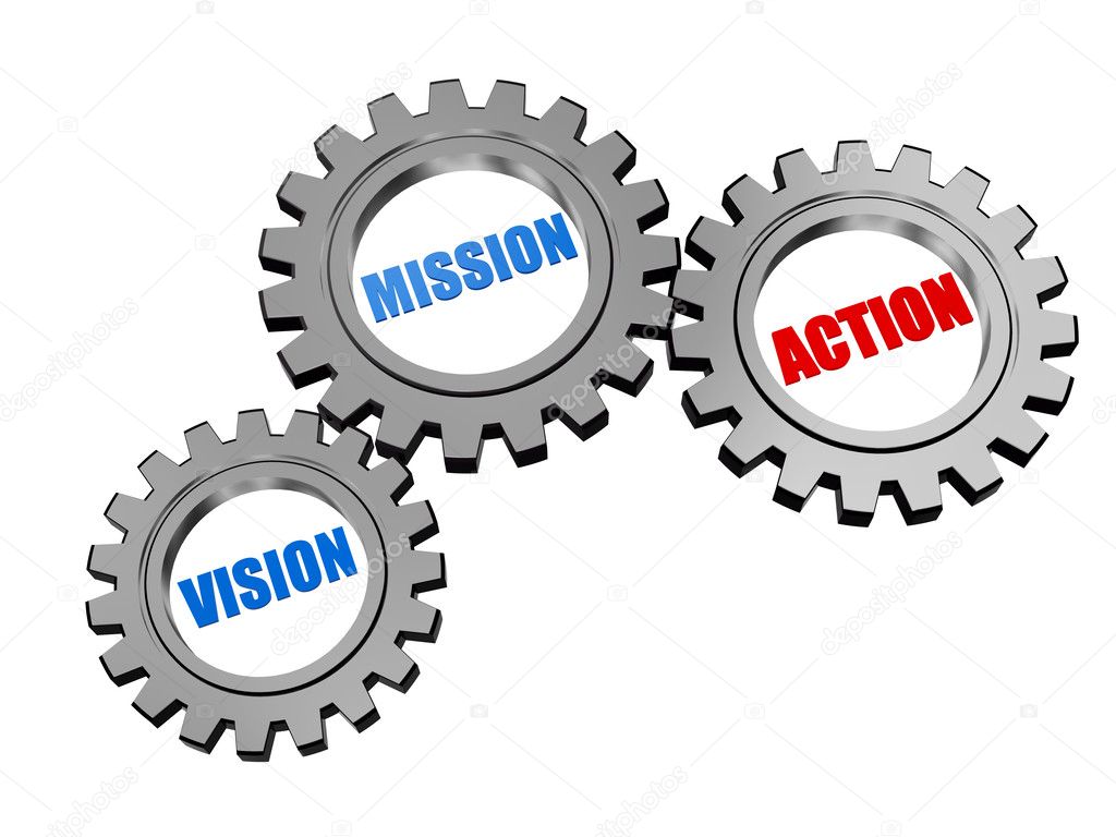 vision, mission, action in silver grey gears