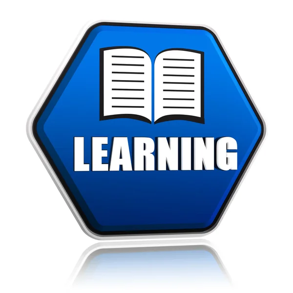 Aprendizaje y signo de libro en banner hexágono azul — Foto de Stock