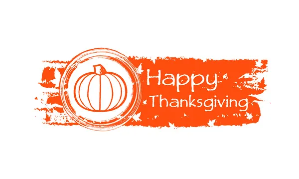 Happy thanksgiving drawn banner with pumpkin and fall leaves — Stock Photo, Image