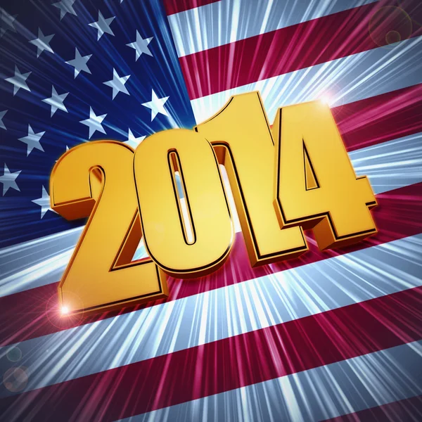 Ano Novo 2014 figuras douradas sobre brilhando bandeira americana — Fotografia de Stock