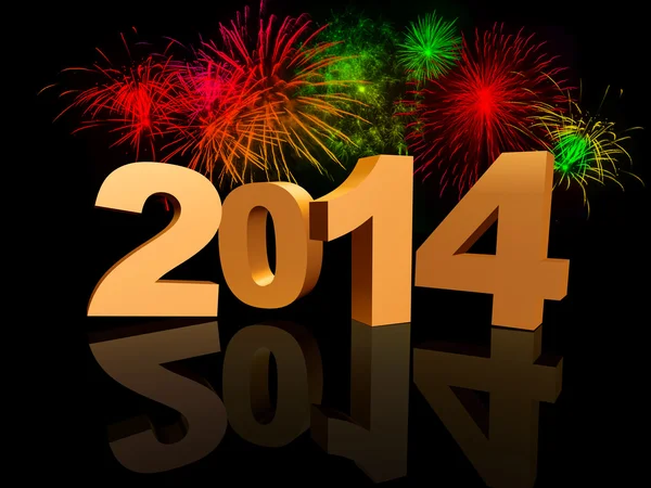 Golden new year 2014 with fireworks — Stock Photo, Image