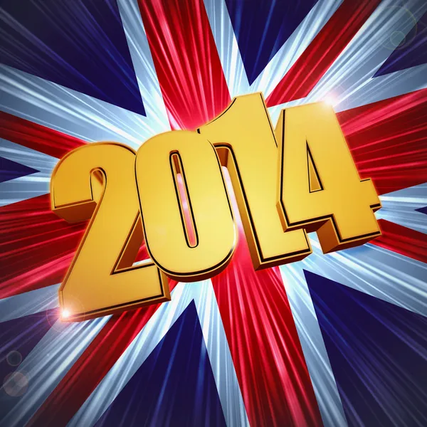 New year 2014 golden figures over shining UK flag — Stock Photo, Image
