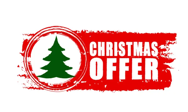 Christmas offer and christmas tree on red drawn banner — Stock Photo, Image