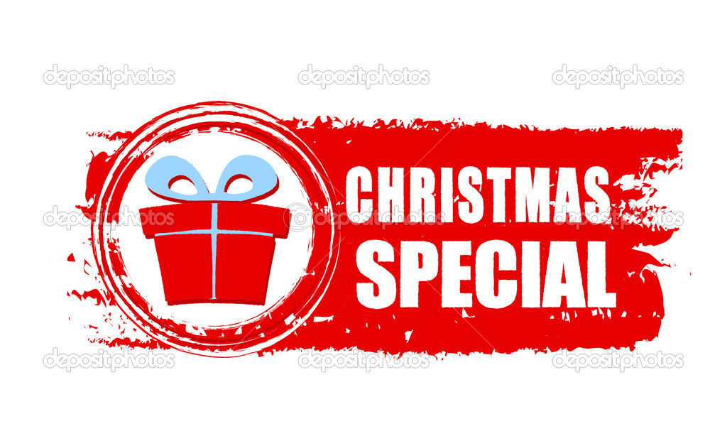 Christmas special and gift box on red drawn banner