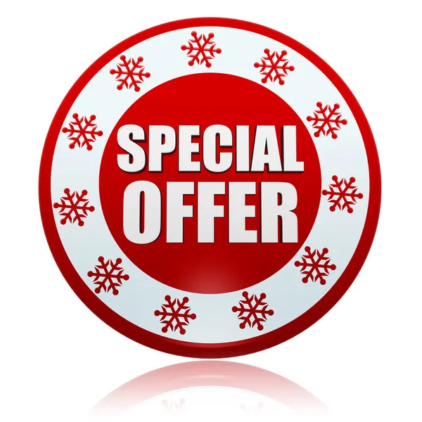 Navidad oferta especial en banner círculo rojo con copos de nieve sym —  Fotos de Stock