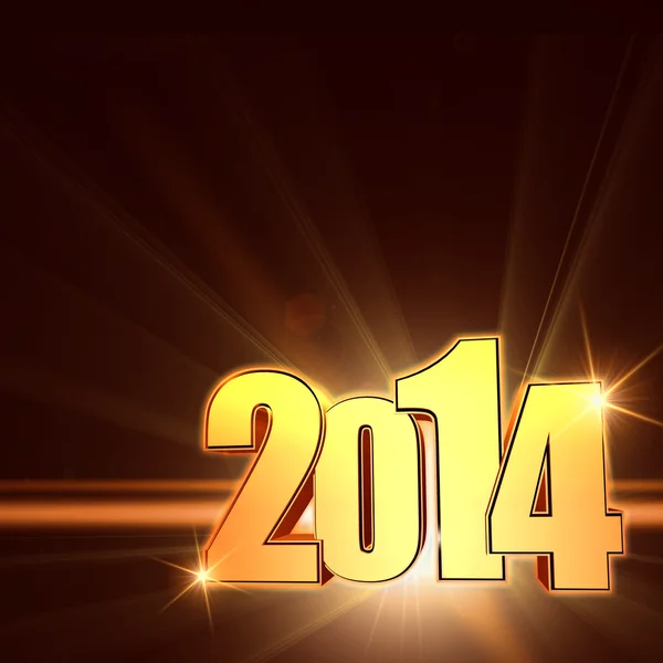 Golden new year 2014 with shining rays, brown background — Stock Photo, Image