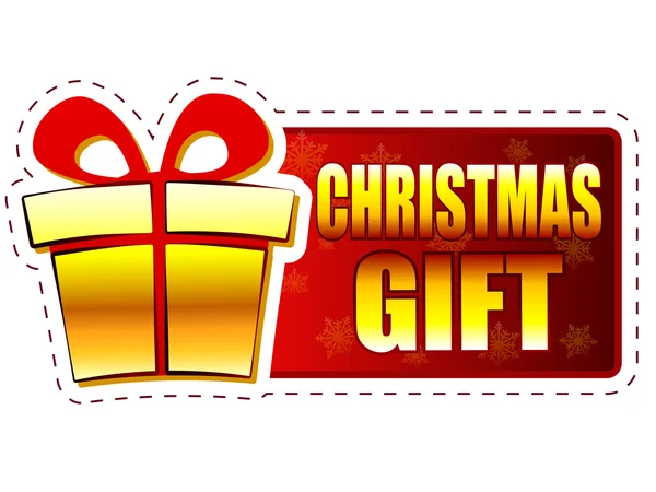 Weihnachtsgeschenk und Geschenkbox auf rotem Banner mit Schneeflocken — Stockfoto
