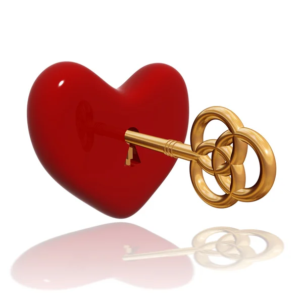 Red heart with golden key — Stock Photo, Image