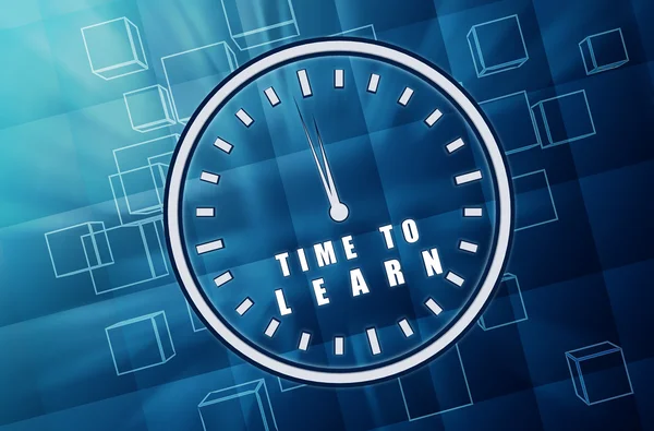 Tid att lära sig i klocksymbolen i blått glas kuber — Stockfoto