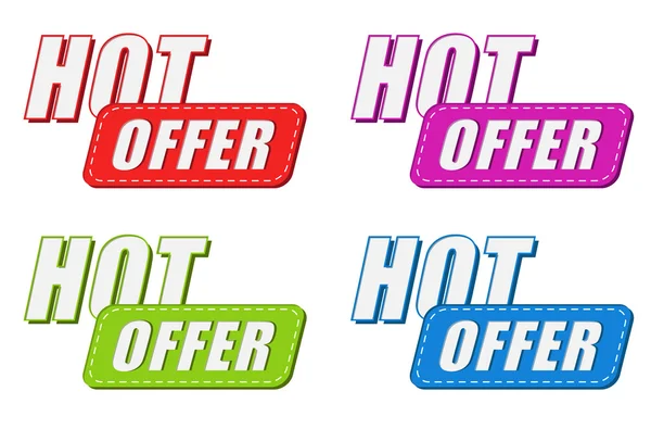 Hot offer in four colors labels, flat design — Stock Photo, Image