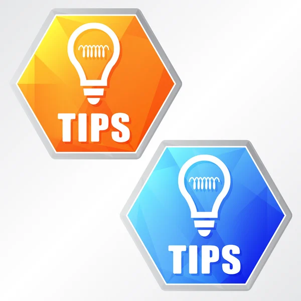 Tips and bulb symbol, two colors hexagons web icons — Stock Photo, Image
