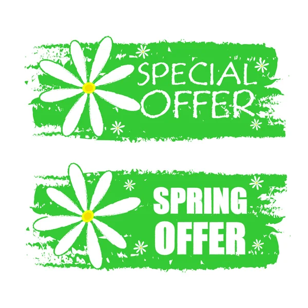 Oferta especial y primavera con carteles de flores, etiquetas verdes dibujadas —  Fotos de Stock