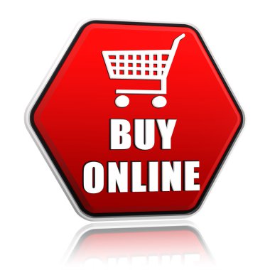 satın almak online ve kırmızı altıgen afiş alışveriş sepeti