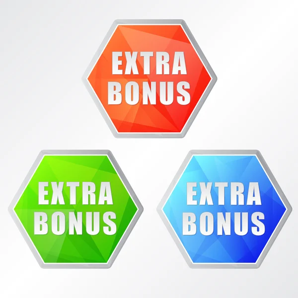 Extra bonus, etiquetas hexagonales de tres colores — Foto de Stock