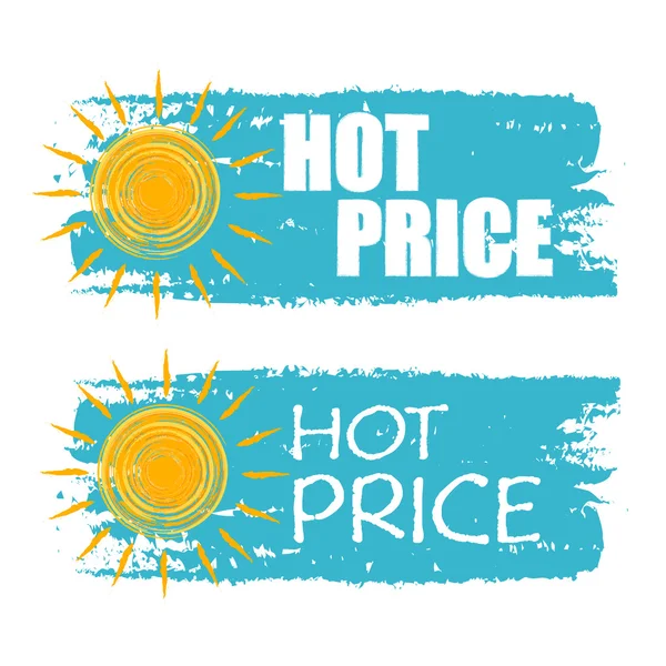 Hot price with yellow sun sign, blue drawn labels — Stock Photo, Image