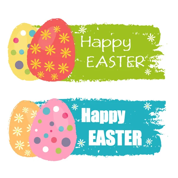 Feliz Pascua y huevos de Pascua con flores, etiquetas dibujadas —  Fotos de Stock