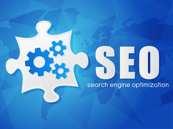 SEO con puzzle y mapa del mundo, optimización de motores de búsqueda, plano — Foto de Stock