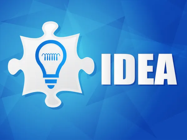 Idea and puzzle piece with light bulb sign, flat design — Stock Photo, Image