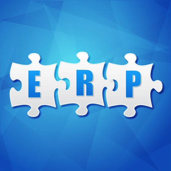 ERP en piezas de rompecabezas sobre fondo azul, diseño plano — Foto de Stock