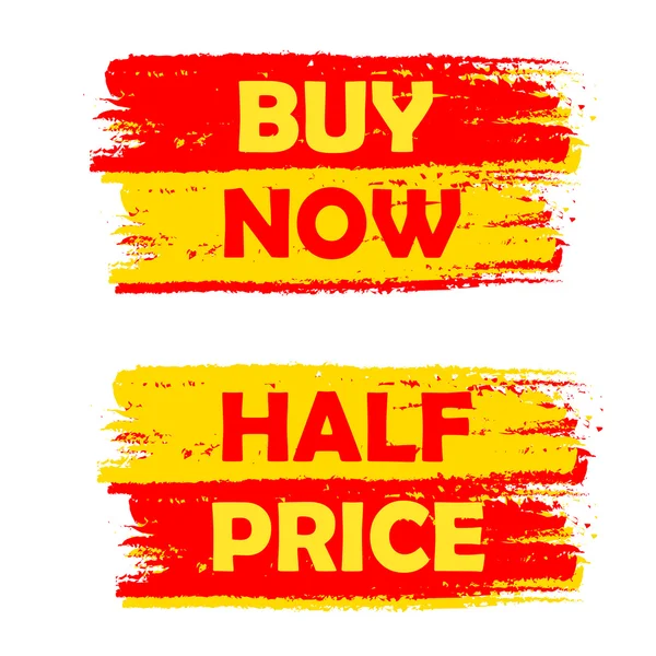 Jetzt kaufen und zum halben Preis, gelb und rot gezeichnete Etiketten — Stockfoto