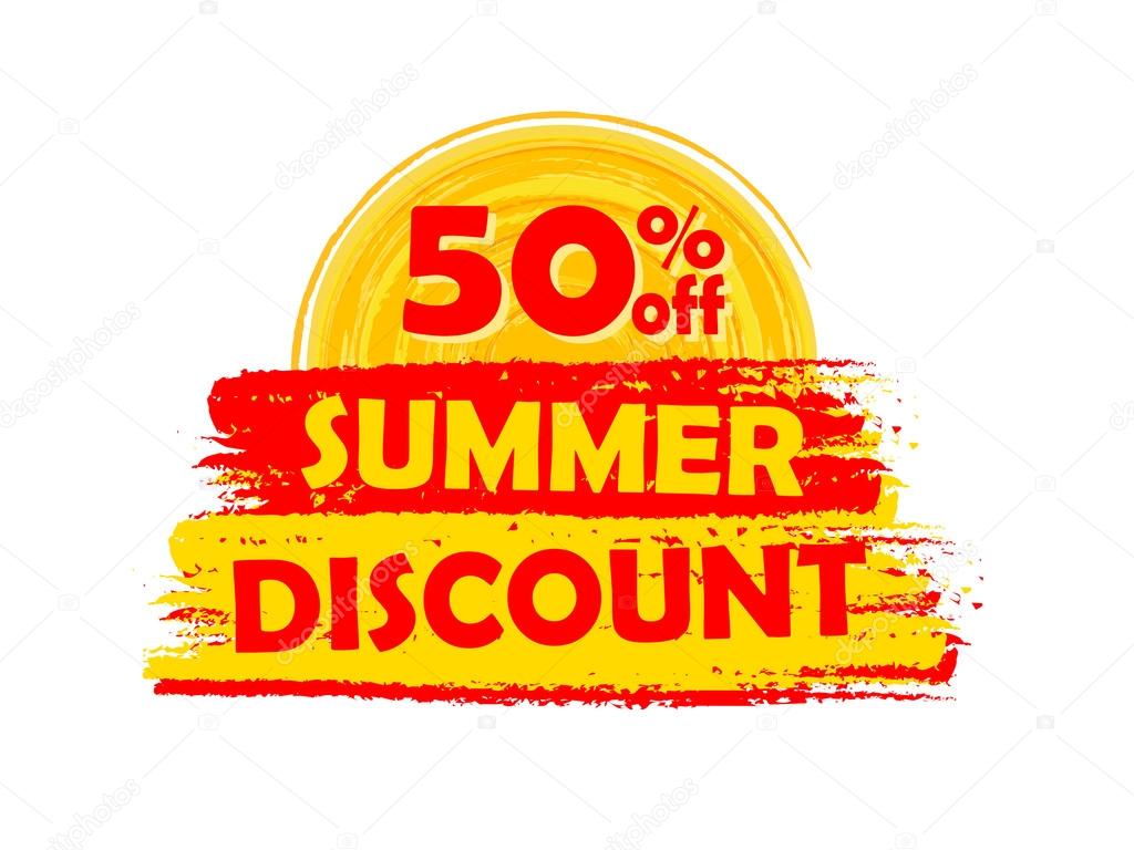 50 percentages off summer discount with sun sign, drawn label — Stock