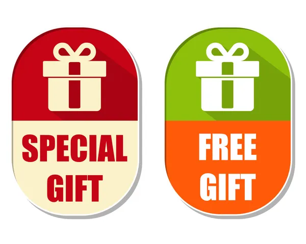 Special and free gift with present box sign, two elliptical labe — Stock Photo, Image