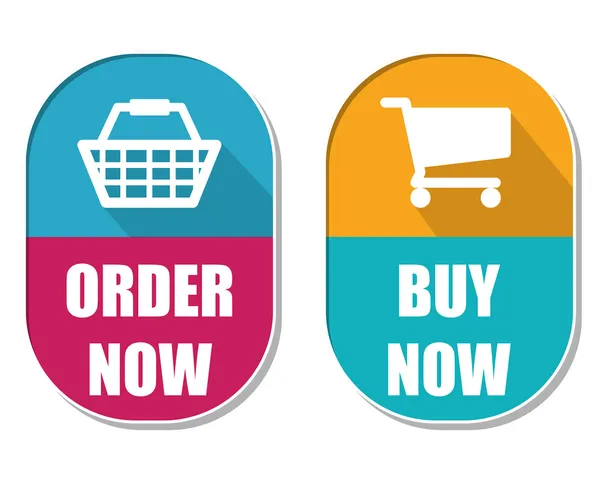 Order now and buy now with shopping basket and cart signs, two e — Stock Photo, Image