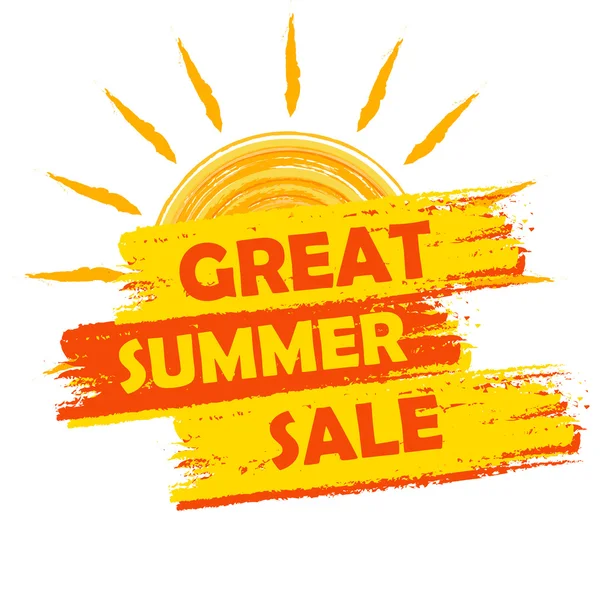 Gran venta de verano con signo de sol, etiqueta dibujada amarillo y naranja —  Fotos de Stock