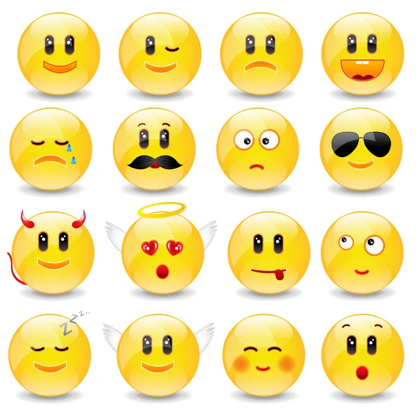 Gelbe Smiley-Kugeln mit positiven und negativen Emotionen — Stockvektor