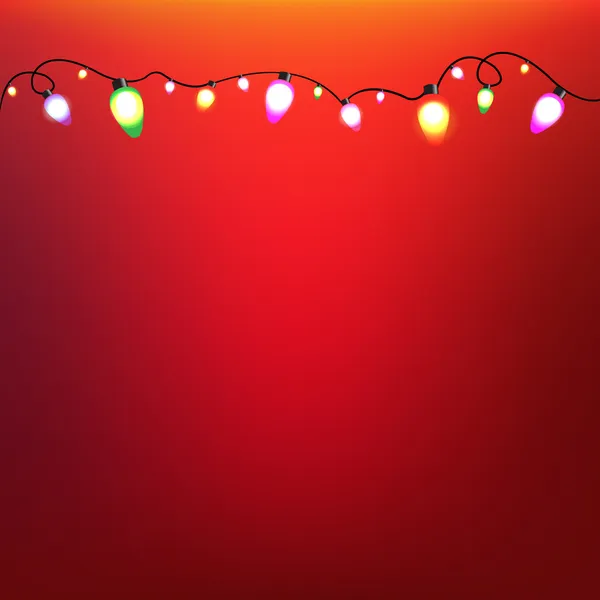 Guirlande d'ampoule colorée avec fond rouge — Image vectorielle
