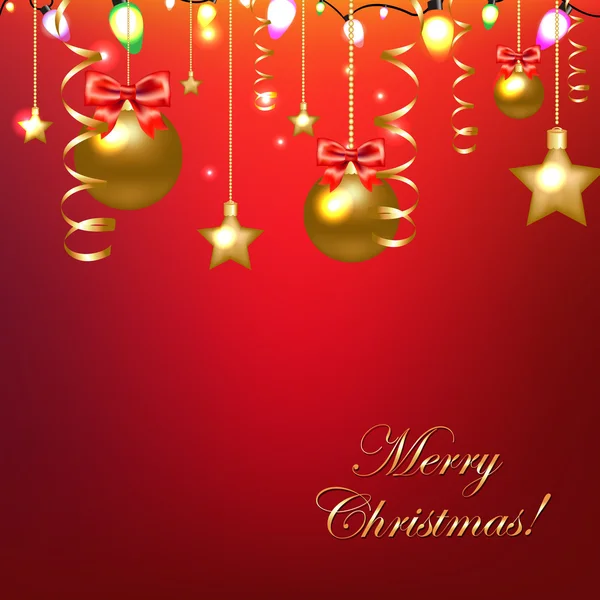 星とクリスマス ボールで赤いカード — ストックベクタ