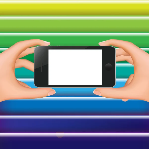 Händer som håller telefonen och färgstarka bakgrund — Stock vektor
