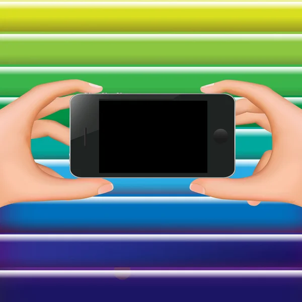 Mani che tengono il telefono e lo sfondo a colori — Vettoriale Stock