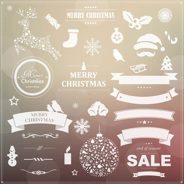 Conjunto de símbolos de Navidad vintage y cintas — Vector de stock