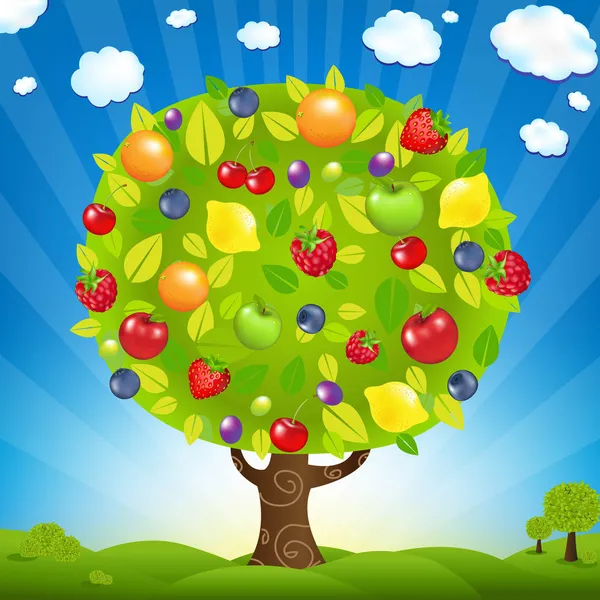 Fruit Tree With Landscape — Stock Vector