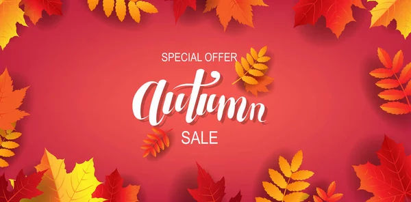 Cartel de otoño de venta con texto de letras con hojas — Vector de stock