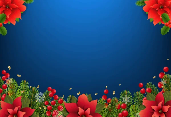 Affiche de Noël avec Poinsettia frontière fond bleu — Image vectorielle