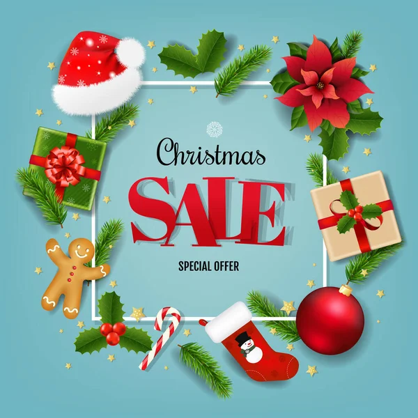 Banner de venda de Natal feliz com brinquedos de Natal — Vetor de Stock