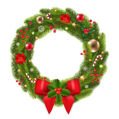 Kırmızı kurdele ve yay ile Noel çelenk