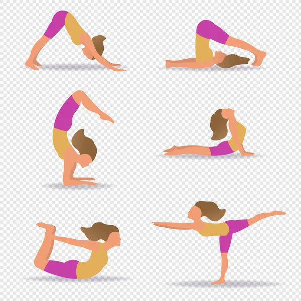 Набор стройная спортивная молодая женщина делать в йоге прозрачный фон — стоковый вектор