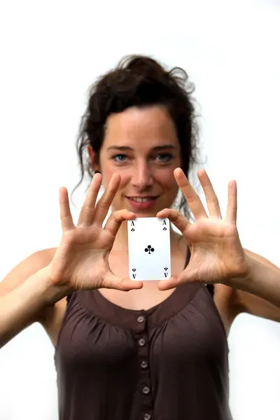 Young woman holding a ace playing card — Stock Photo, Image