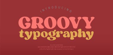 70 'lerin modası geçmiş alfabe harfleri yazı tipi ve numarası. Typography dekoratif fonts vintage konsepti. Grafik tişört ya da poster logosu çıkartmaları için hippi sembolleri olan ilham verici slogan baskısı. vektör illüstrasyonu