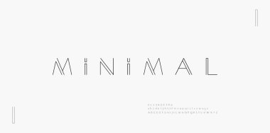 Asgari modern alfabe yazı tipleri ve numaraları. Soyut kentsel ince yazı tipi tipografi yazı tipi büyük harf küçük harf. vektör illüstrasyonu