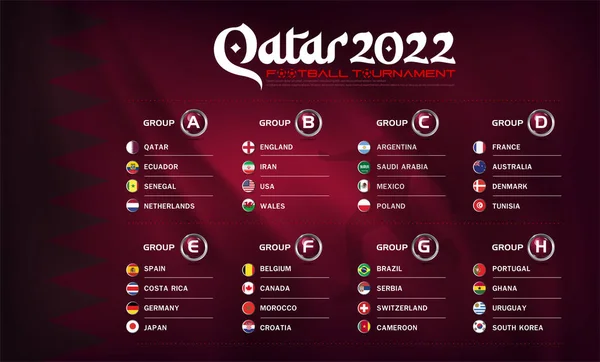 Katar 2022 final futbol kupası logosu, A, B, C, C, D, E, F, G, H takımlarının logosu ve arka plandaki afiş, baskı, şablon eleme grubunun futbol dünya turnuva masası. vektör illüstrasyonu