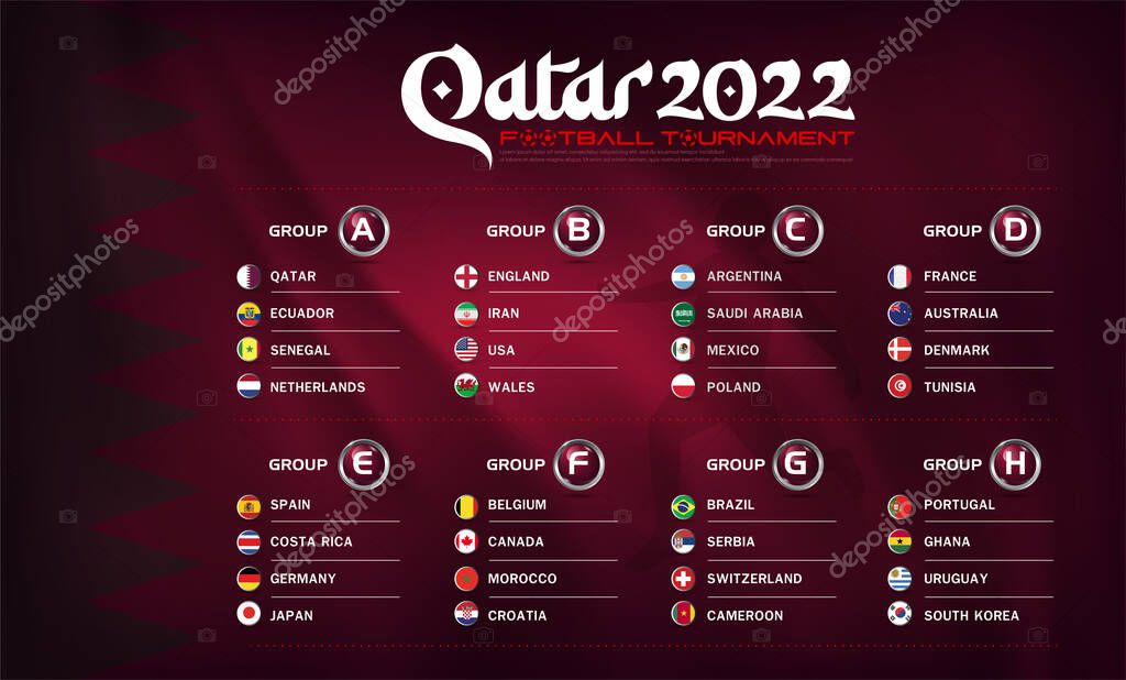 Qatar 2022 final soccer cup logo, football world tournament table of the qualification stage group A, B, C, D, E, F, G, H teams logo and flag on background for banner, print, template. vector illustration