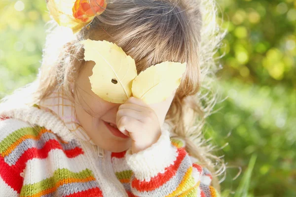 Küçük kız güneşli günde yaprak saklanıyor — Stok fotoğraf