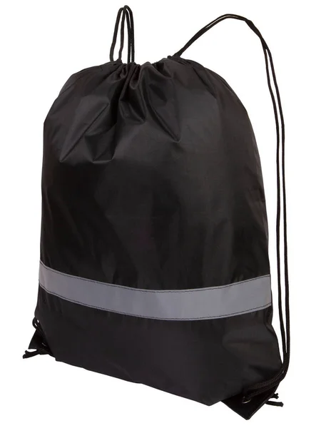 Black nylon drawstring bag with reflective tape, isolated over white — Stockfoto