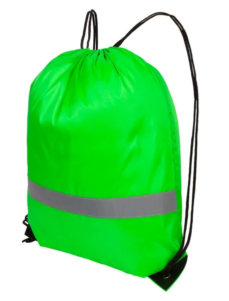 Green nylon drawstring bag with reflective tape, isolated over white — Stockfoto